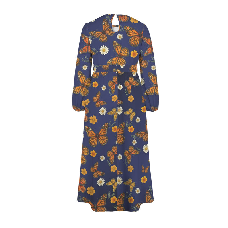 Butterfly Round Neck Long Sleeve Belted Maxi Dress