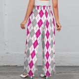 argyle pink print 2A Strappy Elastic Waist Wide Leg Pants with Pockets