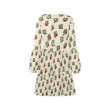 raspberry on tan print 3B V-Neck Loose Fit Dress (Model D62)