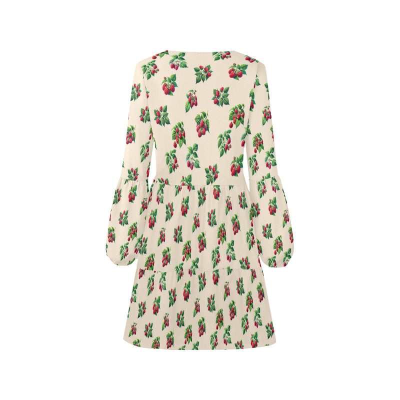 raspberry on tan print 3B V-Neck Loose Fit Dress (Model D62)