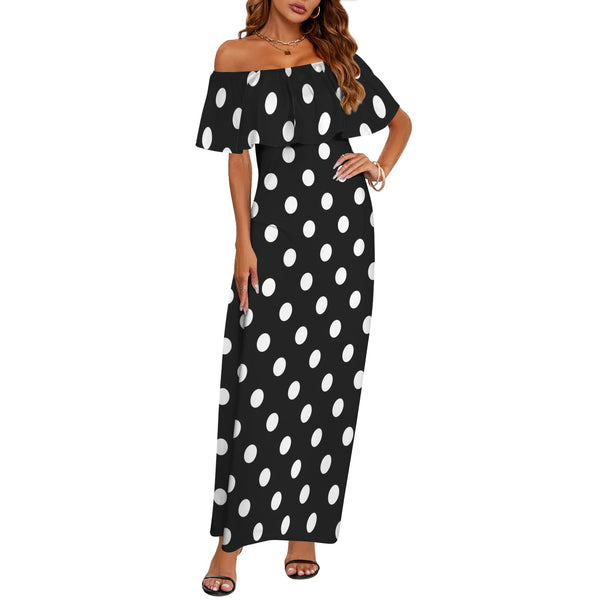 bw polka dot 10 Women's Off Shoulder Ruffle Boat Neck Dress (Model D71)