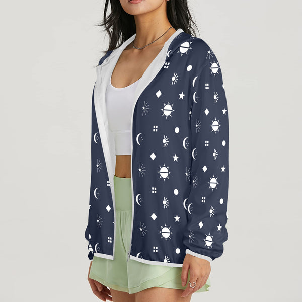 space drama white on blue Women's Lightweight Sun Protection Hoodie (Model H62)