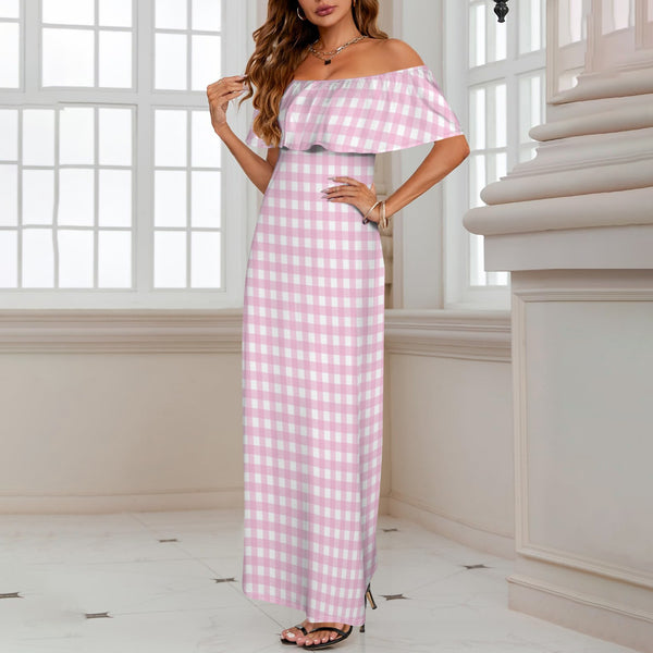 pink gingham print Women's Off Shoulder Ruffle Boat Neck Dress (Model D71)