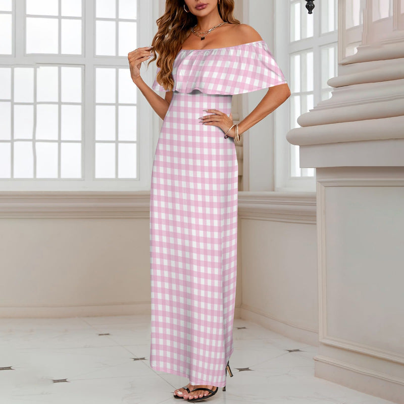 pink gingham off the shoulder dress Brendah Knit Off The Shoulder Gingham Print Midi Dress VICI