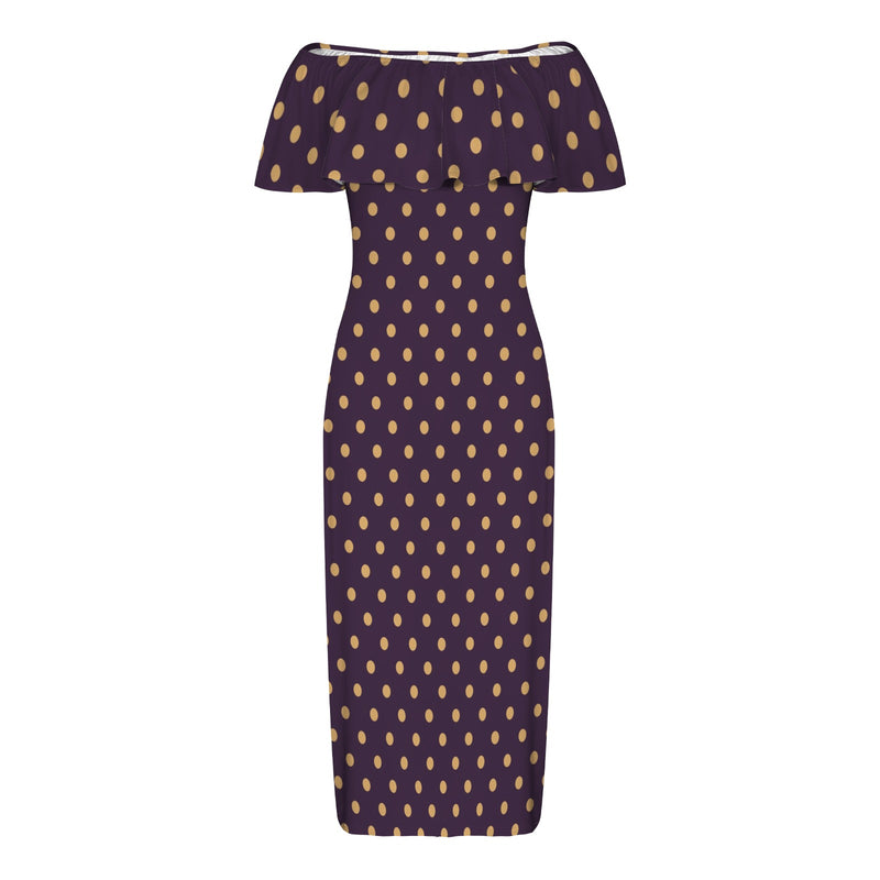 bronze polka dot on purple print Women's Off Shoulder Ruffle Boat Neck Dress (Model D71)