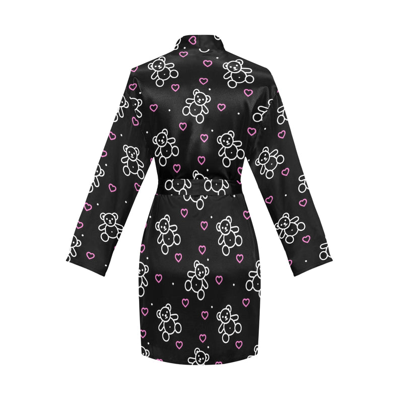 teddy bear and pink hearts print 2A Women's Long Sleeve Belted Night Robe