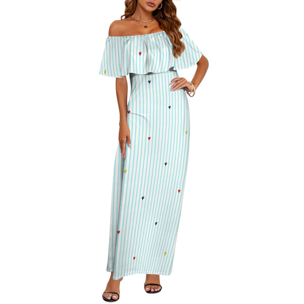 heart on stripes print light blue Women's Off Shoulder Ruffle Boat Neck Dress (Model D71)