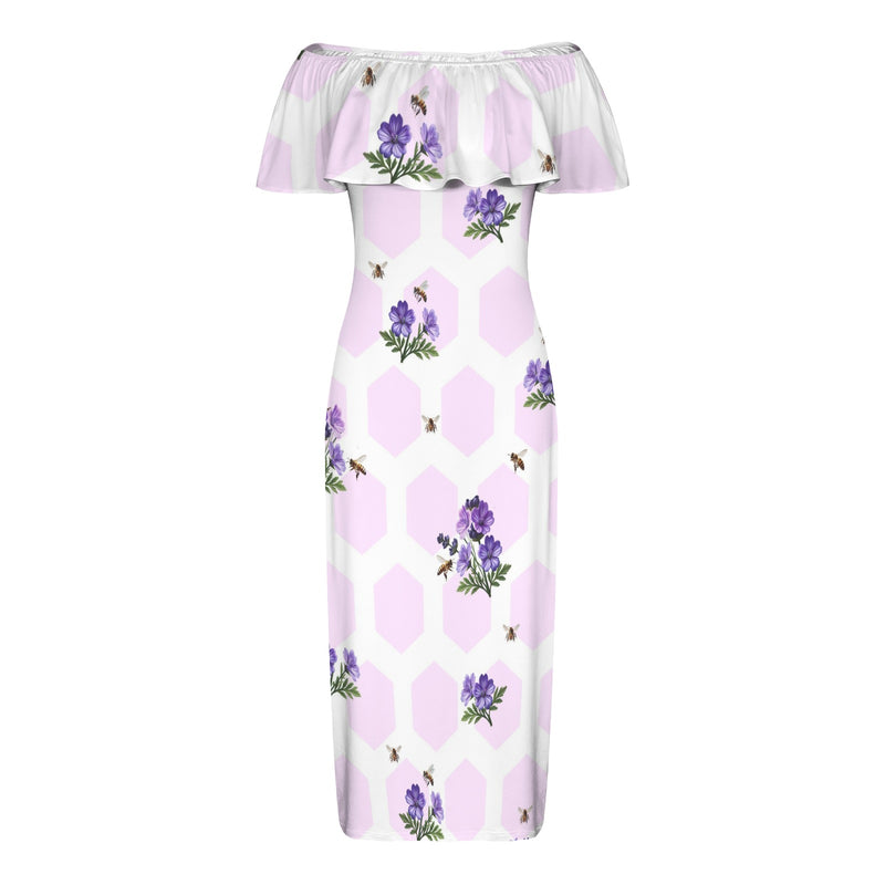 apiary print hex small Women's Off Shoulder Ruffle Boat Neck Dress (Model D71)