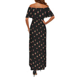 cherry black print 4A Women's Off Shoulder Ruffle Boat Neck Dress (Model D71)