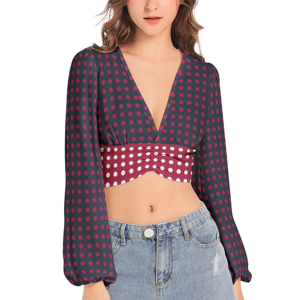 Women's Deep V-Neck Lantern Sleeve Crop Top
