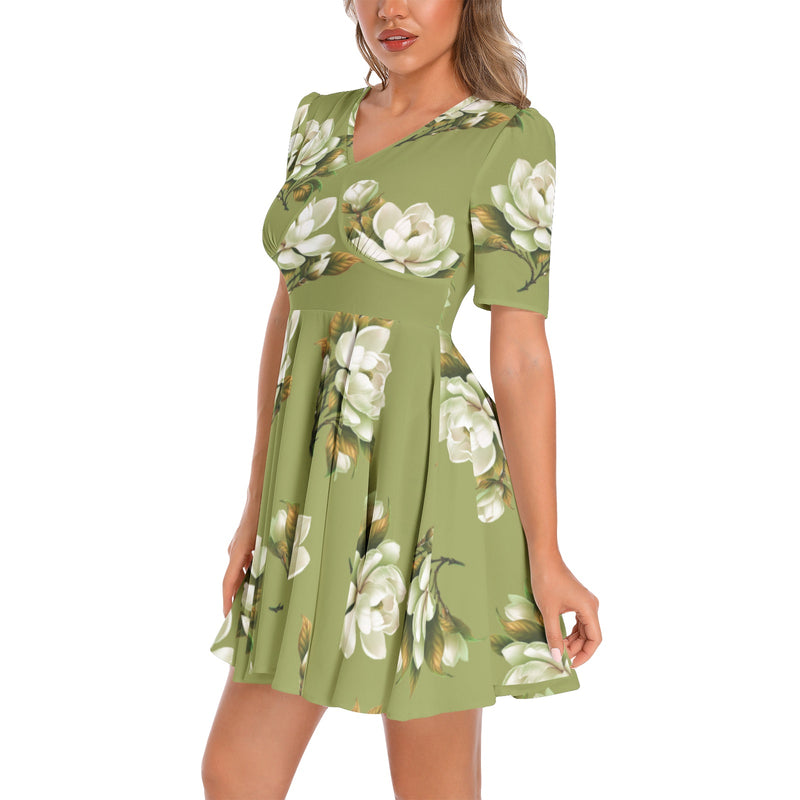 Short Sleeve Ruched Bust Flared Hem Dress