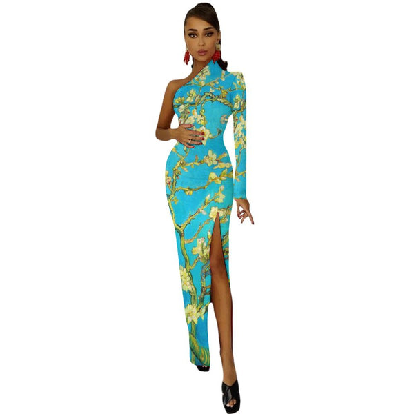 One-Shoulder Slit Maxi Dress Half sleeve split dress