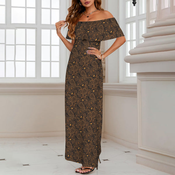 Paisley Off Shoulder Ruffle Boat Neck Dress