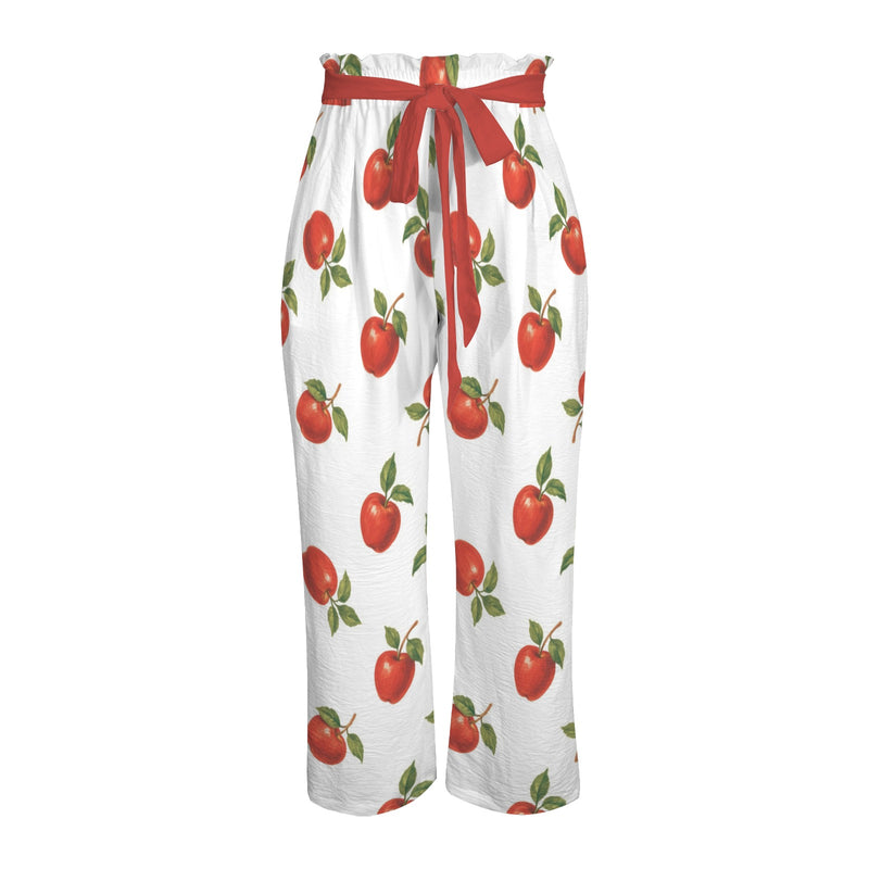 apple solid print Strappy Elastic Waist Wide Leg Pants with Pockets