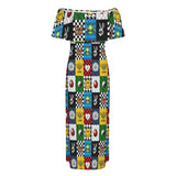 patchwork of alien flowers Women's Off Shoulder Ruffle Boat Neck Dress (Model D71)