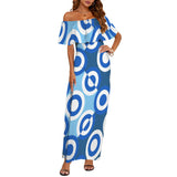 blue concentric checkered print 3A Women's Off Shoulder Ruffle Boat Neck Dress (Model D71)