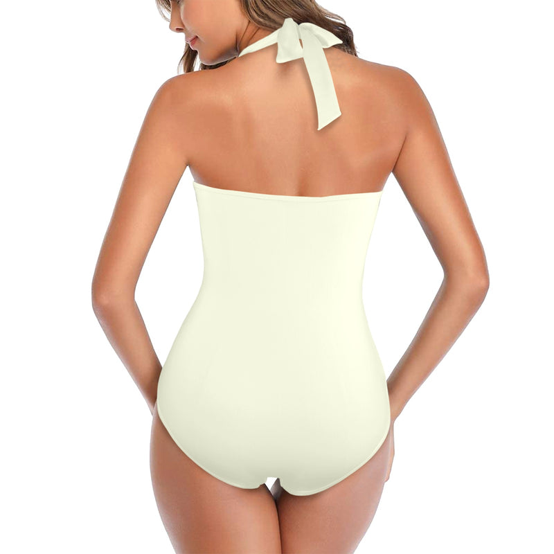 light wheat print Women's Halter Neck Gather Chest Swimsuit (Model S52)
