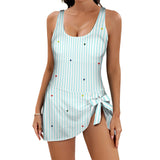 heart on stripes print light blue Women's One Piece Skirted Swimsuit (Model S54)