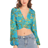 Women's Deep V-Neck Lantern Sleeve Crop Top