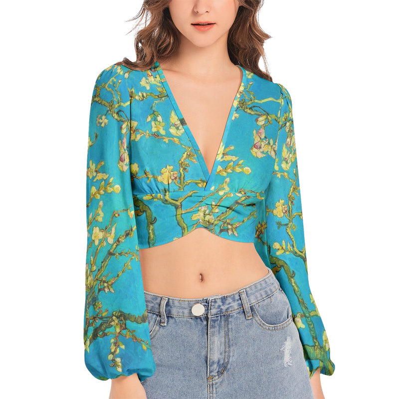 Women's Deep V-Neck Lantern Sleeve Crop Top