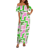 aka maze weave print Women's Off Shoulder Ruffle Boat Neck Dress (Model D71)