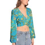 Women's Deep V-Neck Lantern Sleeve Crop Top