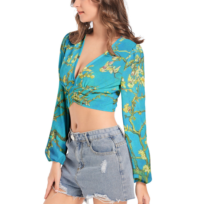 Women's Deep V-Neck Lantern Sleeve Crop Top