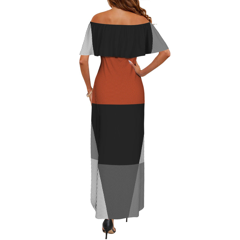 Color Block Women's Off Shoulder Ruffle Boat Neck Dress