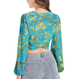 Women's Deep V-Neck Lantern Sleeve Crop Top