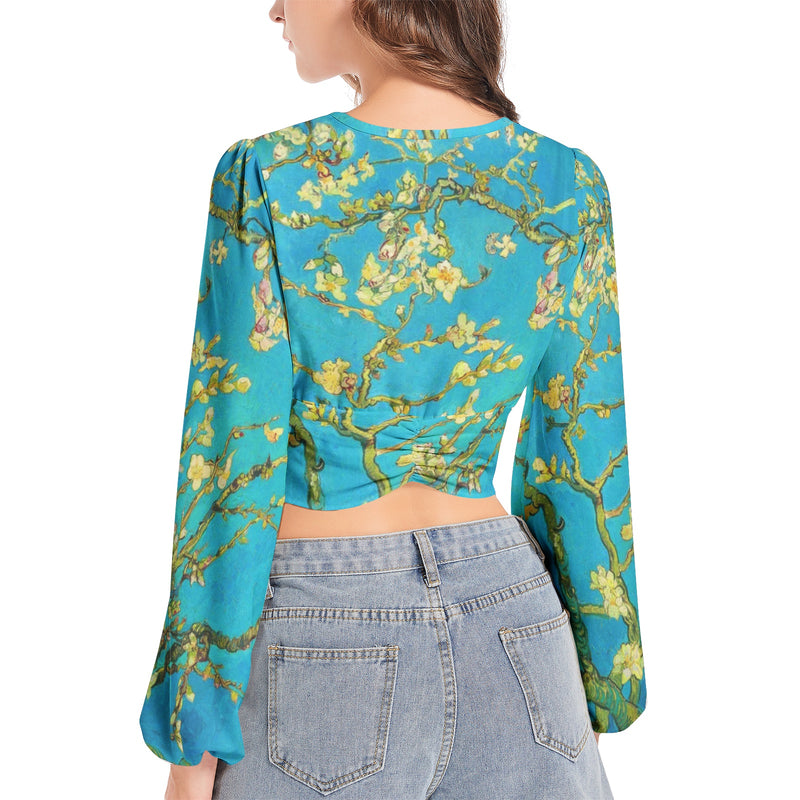 Women's Deep V-Neck Lantern Sleeve Crop Top