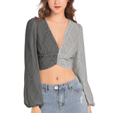 Women's Deep V-Neck Lantern Sleeve Crop Top