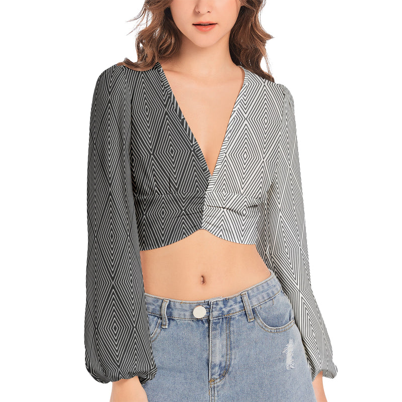 Women's Deep V-Neck Lantern Sleeve Crop Top