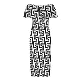 bw print Women's Off Shoulder Ruffle Boat Neck Dress (Model D71)