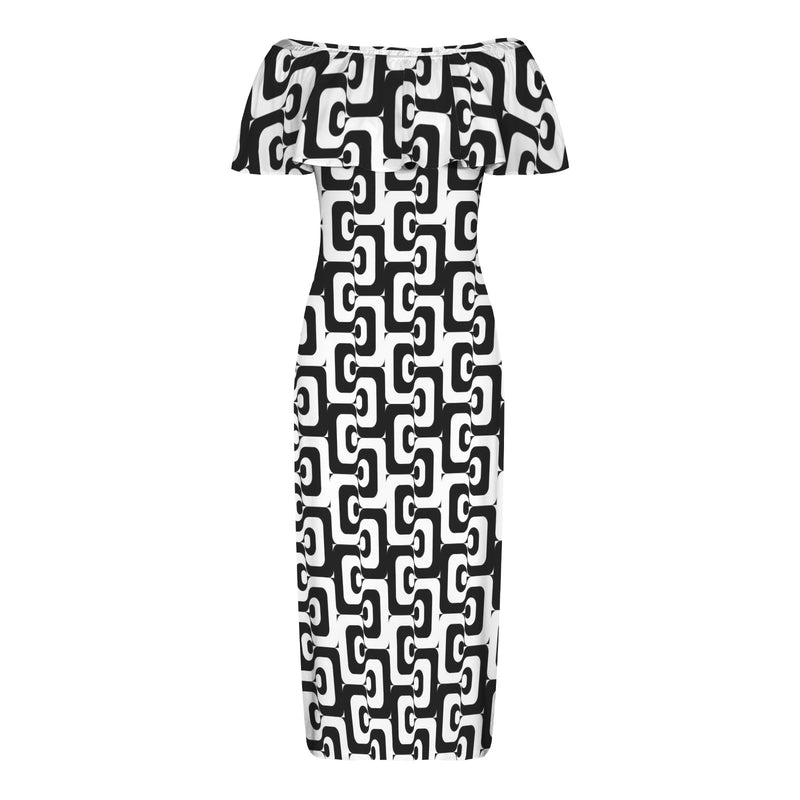 bw print Women's Off Shoulder Ruffle Boat Neck Dress (Model D71)