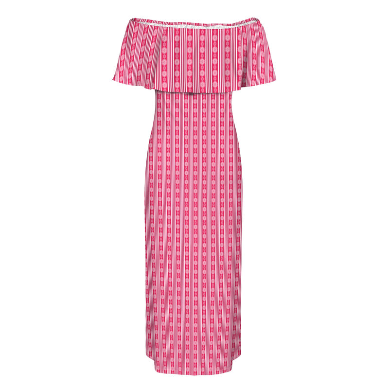 floral heart stripes print Women's Off Shoulder Ruffle Boat Neck Dress (Model D71)