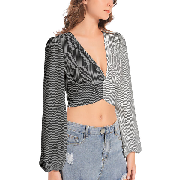 Women's Deep V-Neck Lantern Sleeve Crop Top