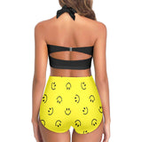 black solid print skirt Women's Halter Neck Gather Chest Bikini Swimsuit (Model S53)