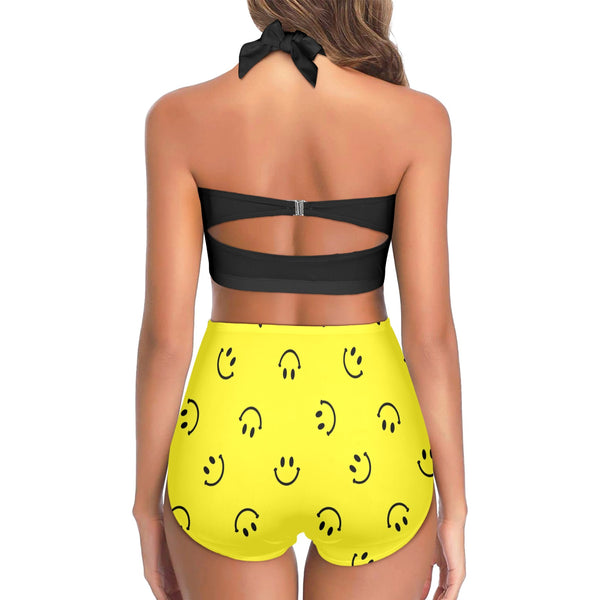 black solid print skirt Women's Halter Neck Gather Chest Bikini Swimsuit (Model S53)