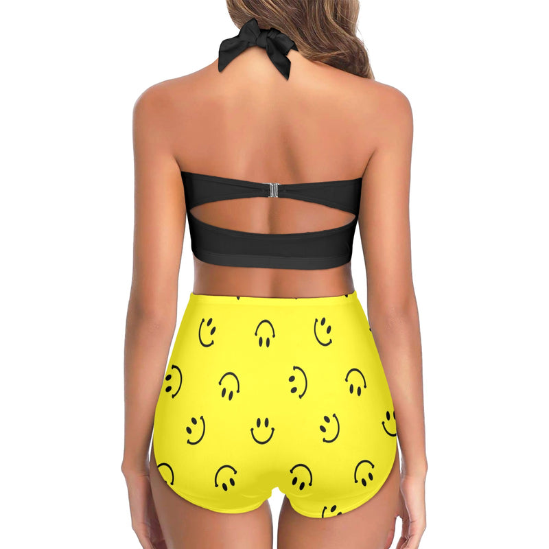 black solid print skirt Women's Halter Neck Gather Chest Bikini Swimsuit (Model S53)