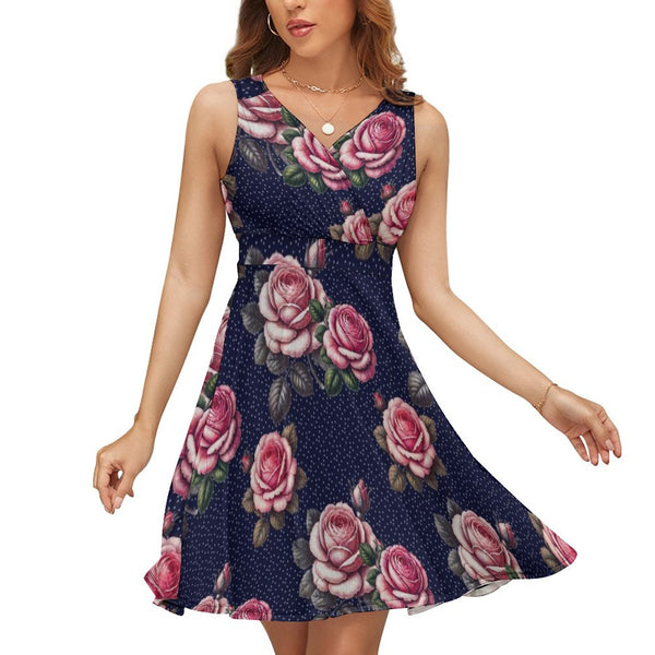 Midnight Hour Roses V-Neck Sleeveless Dress