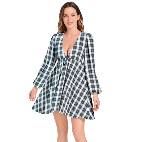 Lantern Sleeve Deep V-Neck Short Dress
