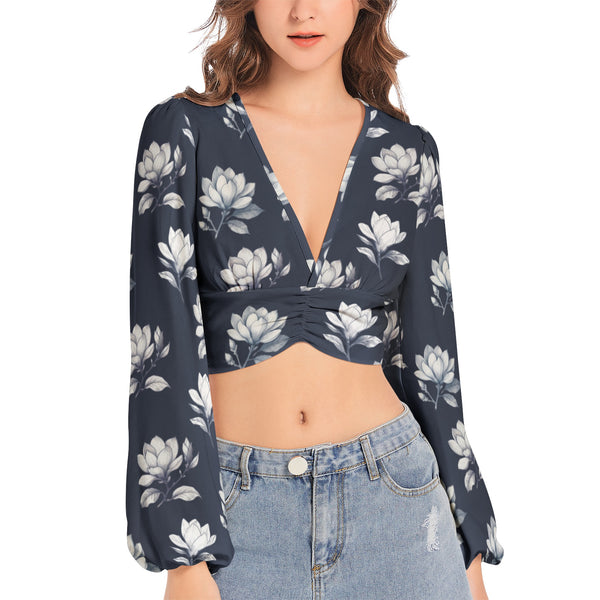 Magnolia Moments Women's Deep V-Neck Lantern Sleeve Crop Top