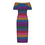 multicolored snakeskin Women's Off Shoulder Ruffle Boat Neck Dress (Model D71)