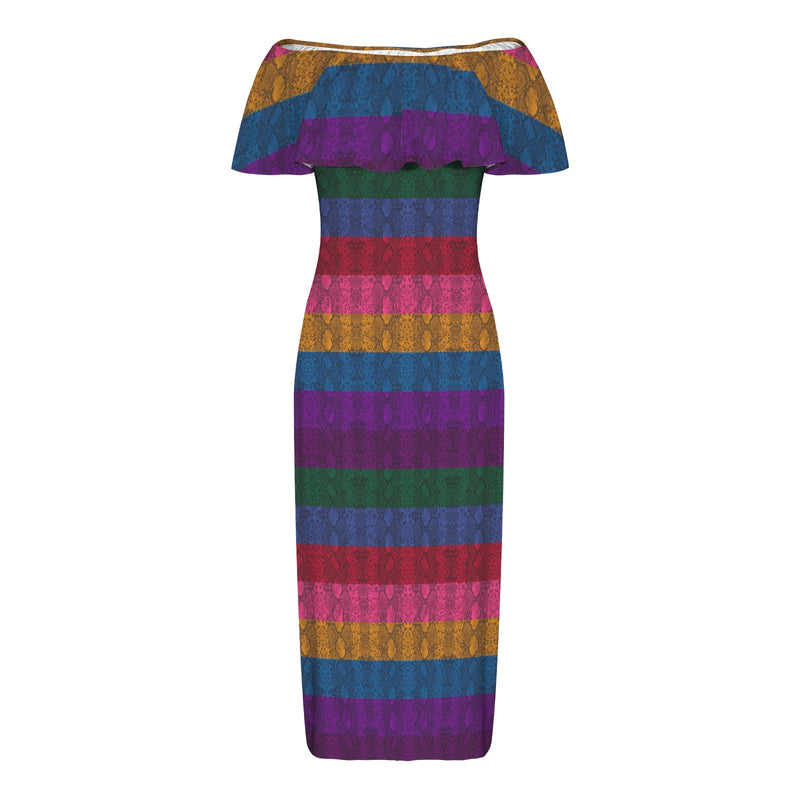 multicolored snakeskin Women's Off Shoulder Ruffle Boat Neck Dress (Model D71)