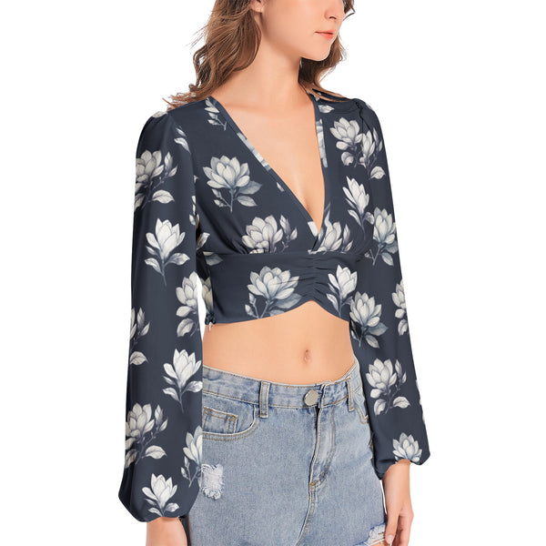 Magnolia Moments Women's Deep V-Neck Lantern Sleeve Crop Top