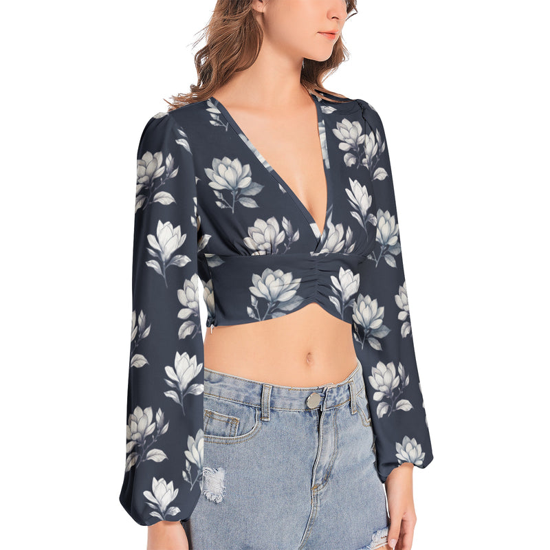 Magnolia Moments Women's Deep V-Neck Lantern Sleeve Crop Top