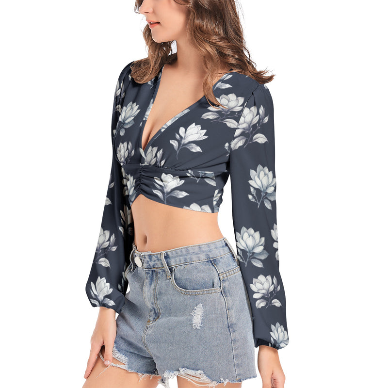 Magnolia Moments Women's Deep V-Neck Lantern Sleeve Crop Top