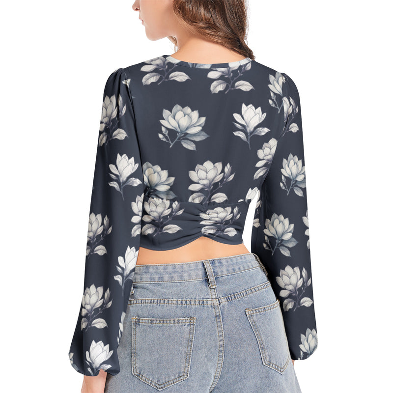 Magnolia Moments Women's Deep V-Neck Lantern Sleeve Crop Top