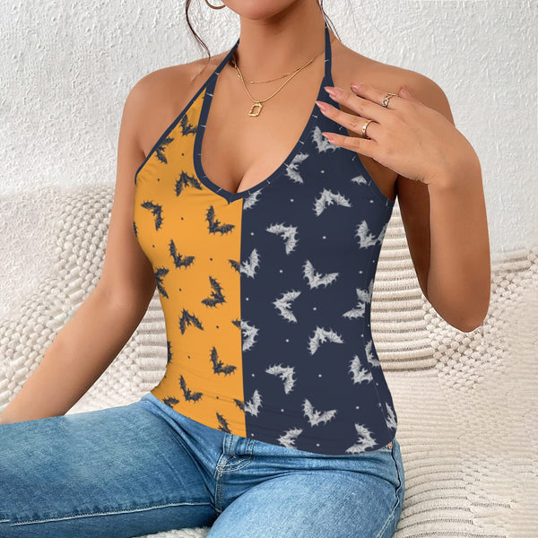 two tone bat print Women's V-Neck Halter Top (Model T83)