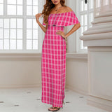 pink plaid print 2B Women's Off Shoulder Ruffle Boat Neck Dress (Model D71)